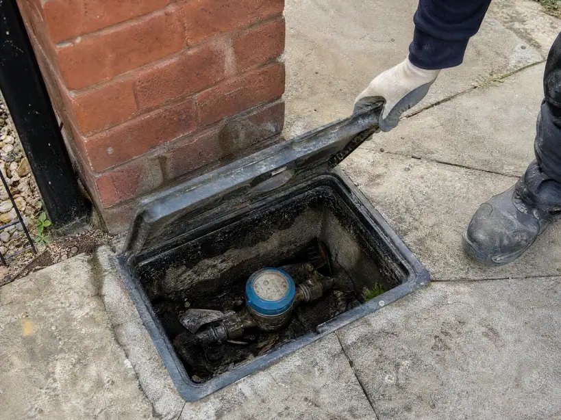 Boundary box lid lifted in the pavement to check the water meter, Nottingham