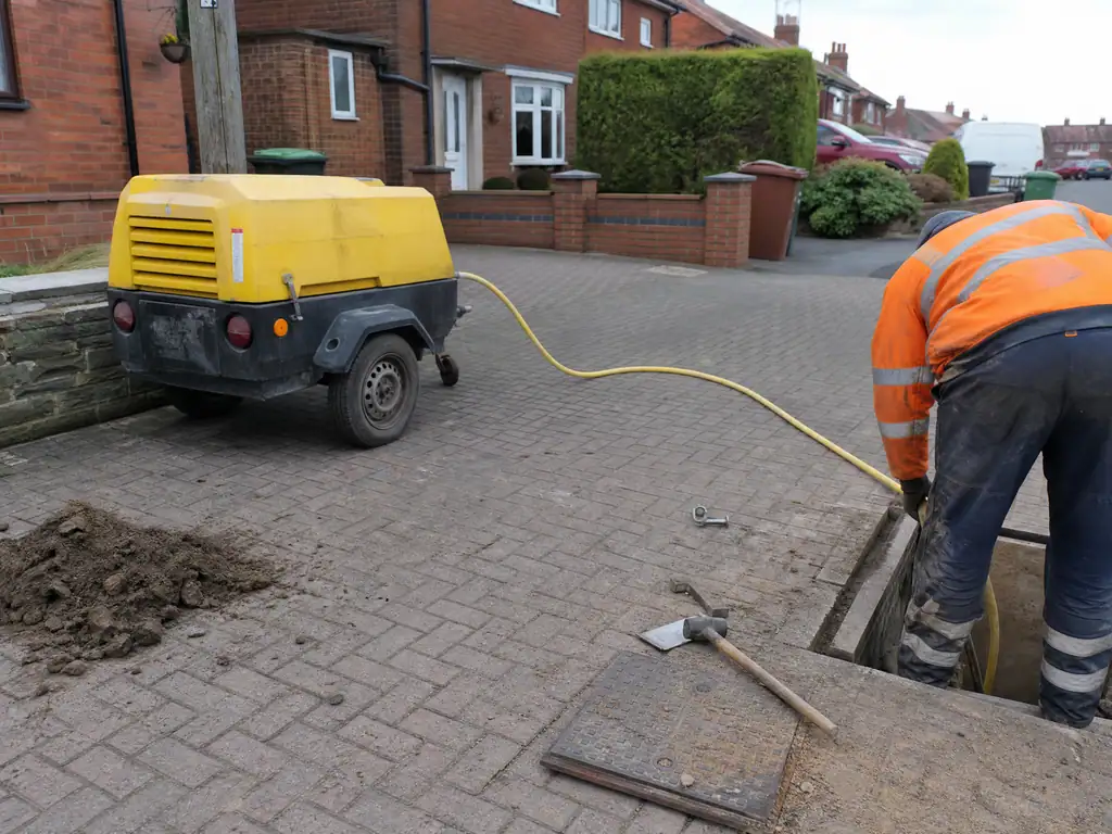 Compressor and air hose set up on a drive for water pipe moling, Nottingham