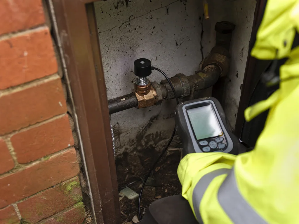 Leak noise correlator sensor clipped to a pipe fitting at a commercial site, Nottingham