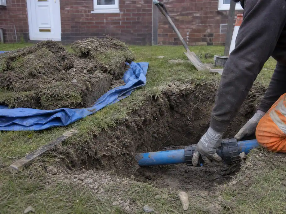Engineer fitting a compression repair coupling to a blue water supply pipe in a garden excavation in Nottingham