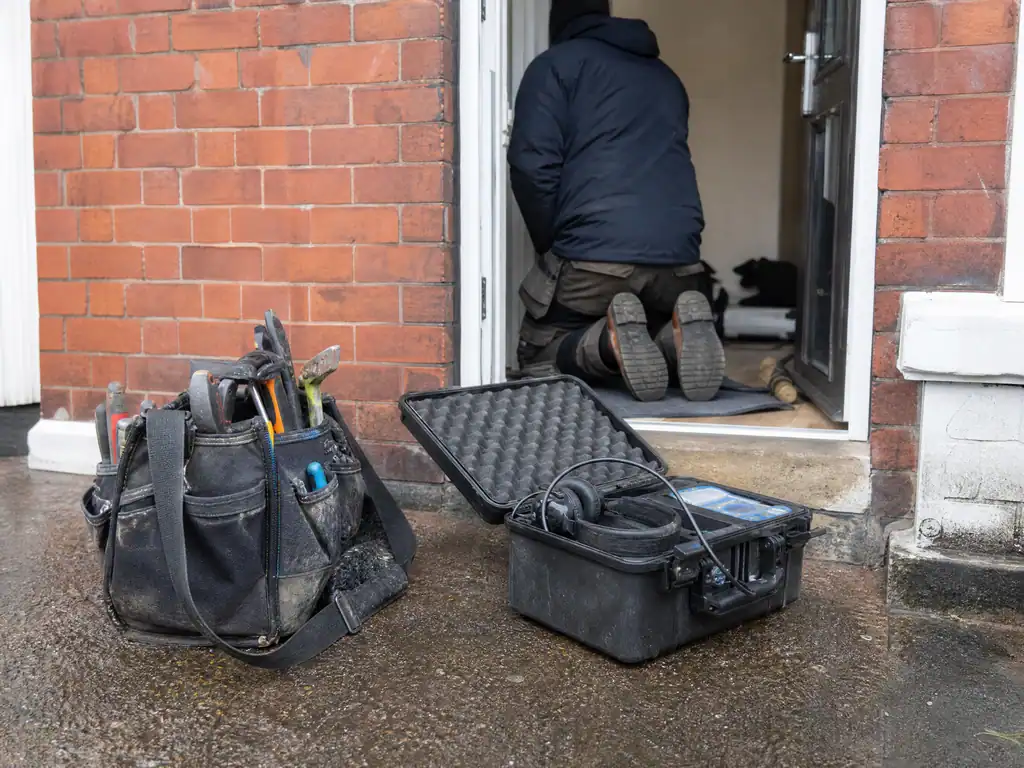 Leak engineer's tool bag and detection case at the front door of a terraced house, Nottingham