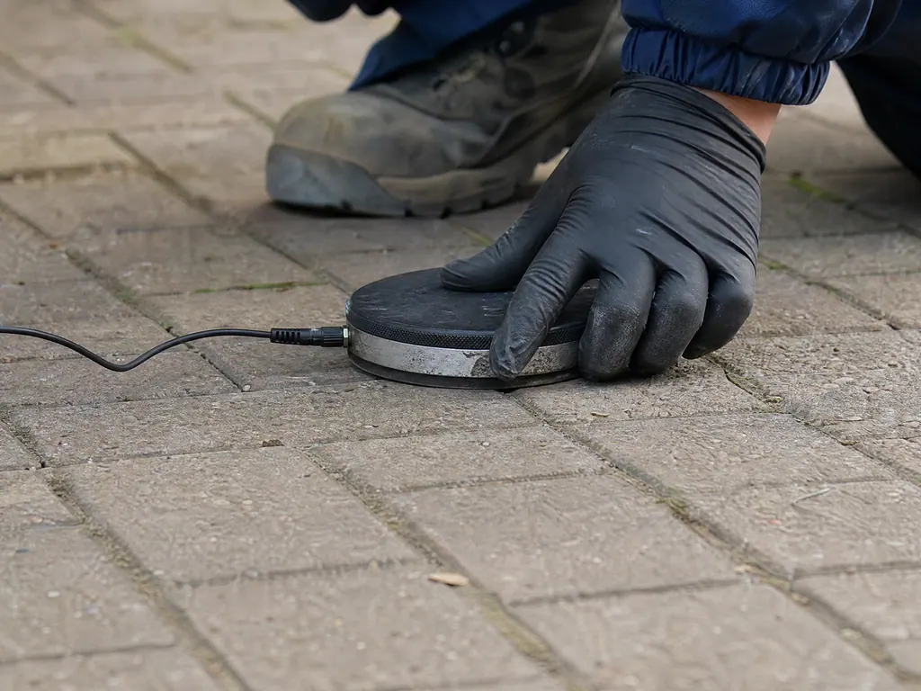 Acoustic ground microphone sensor pad on block paving, listening for an underground water leak, Nottingham
