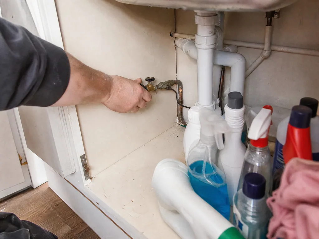 Internal stop tap under a kitchen sink being closed for a meter test, Nottingham