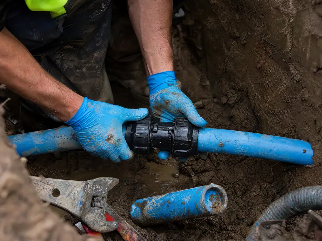 Compression repair coupling being fitted to a blue water supply pipe, Nottingham