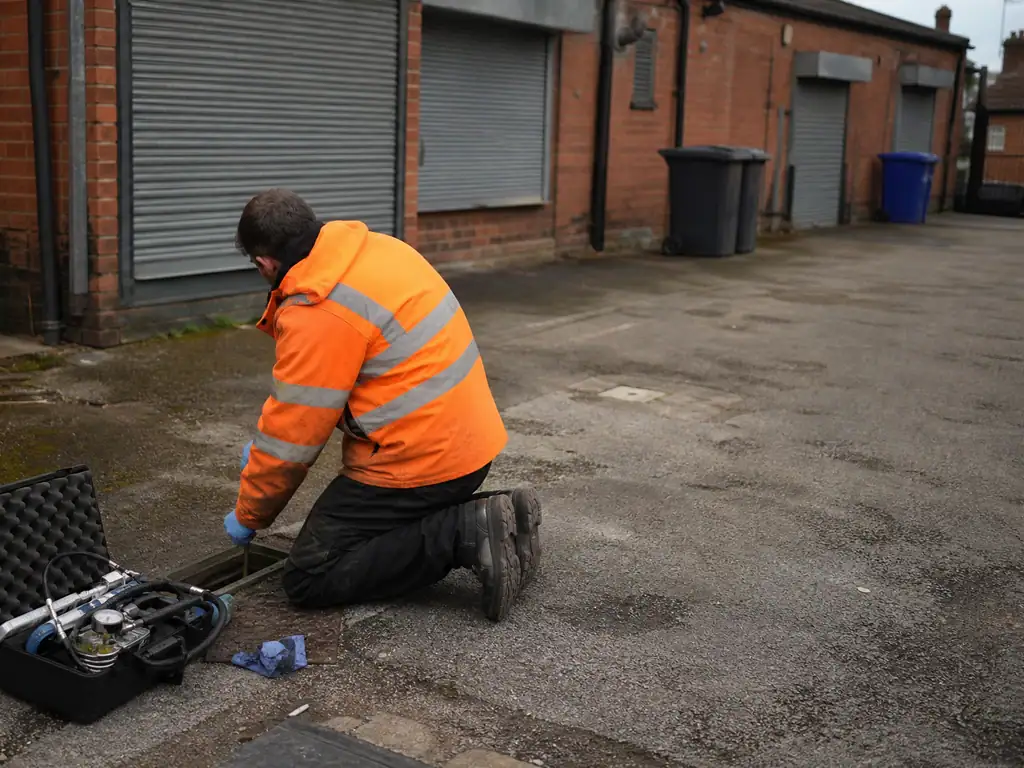 Leak detection at a stop valve in a yard behind brick commercial units in Nottingham