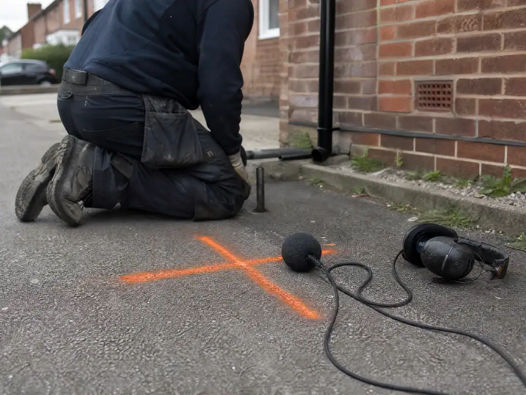 Leak position marked with a painted cross on a drive after underground leak detection, Nottingham