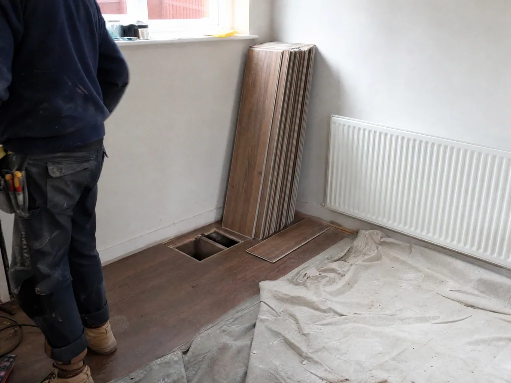 Laminate floorboards lifted and stacked during a trace and access job, Nottingham