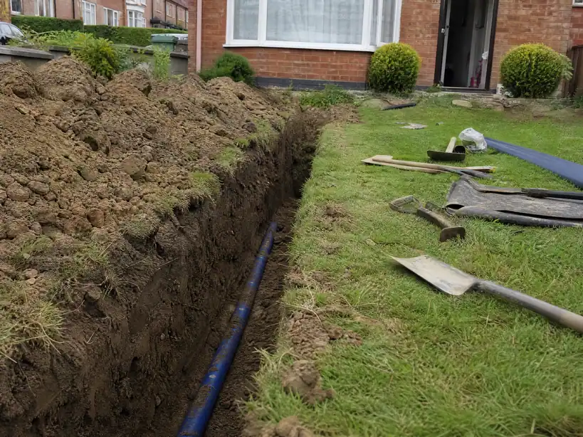 New supply pipe in an open trench, left uncovered for inspection before backfilling, Nottingham
