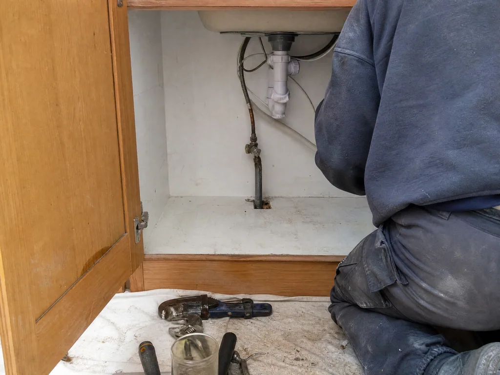 Old lead supply pipe and corroded stop tap under a kitchen sink, Nottingham