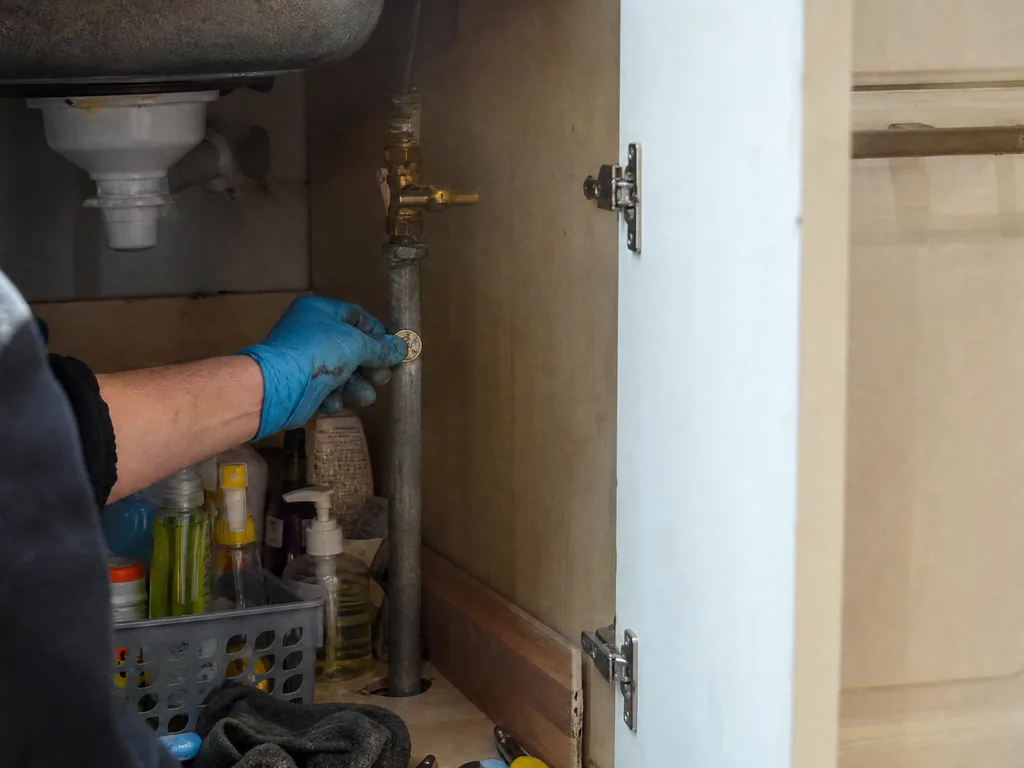 Old lead water supply pipe and brass stop tap under a kitchen sink, scratched with a coin to show bright metal