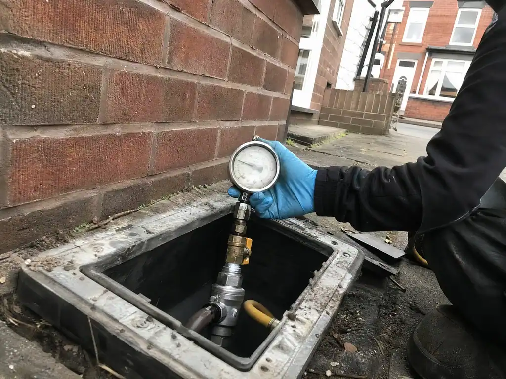 Pressure test gauge fitted in a boundary box to test a water supply pipe, Nottingham