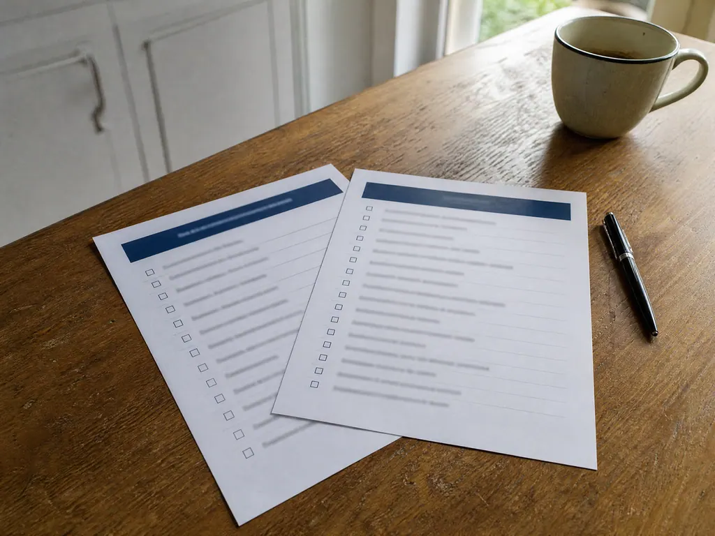 Printed two-page supply pipe leak checklist on a kitchen table