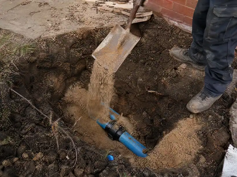 Repaired supply pipe being bedded in sand before the hole is backfilled, Nottingham