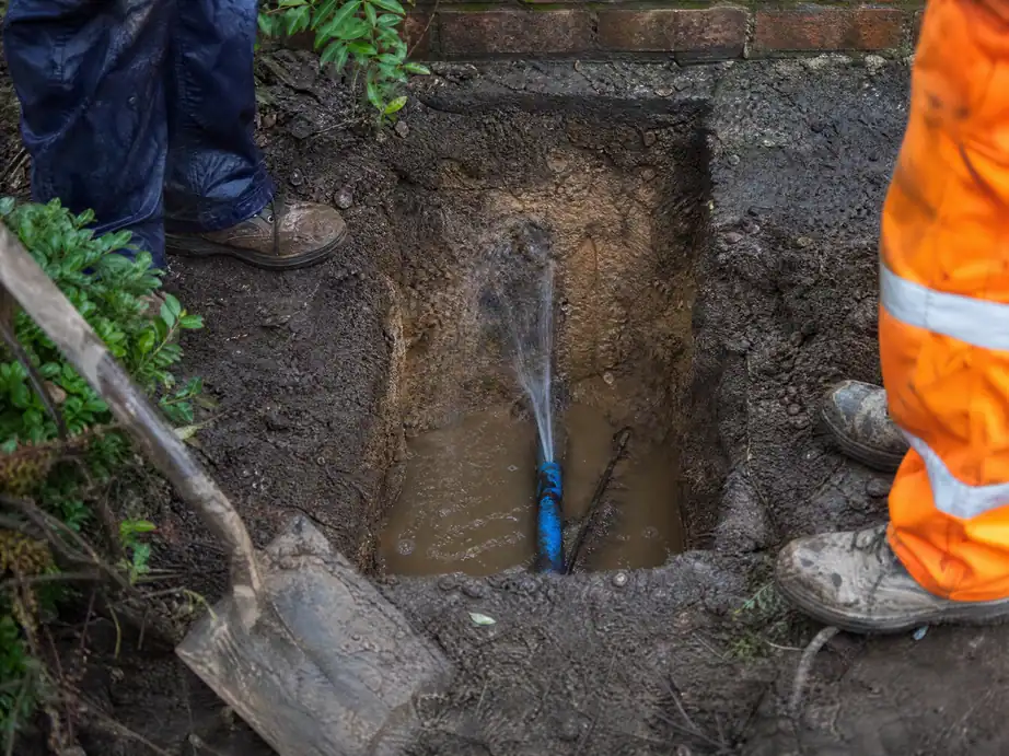 Split water supply pipe leaking at the bottom of an excavation, Nottingham
