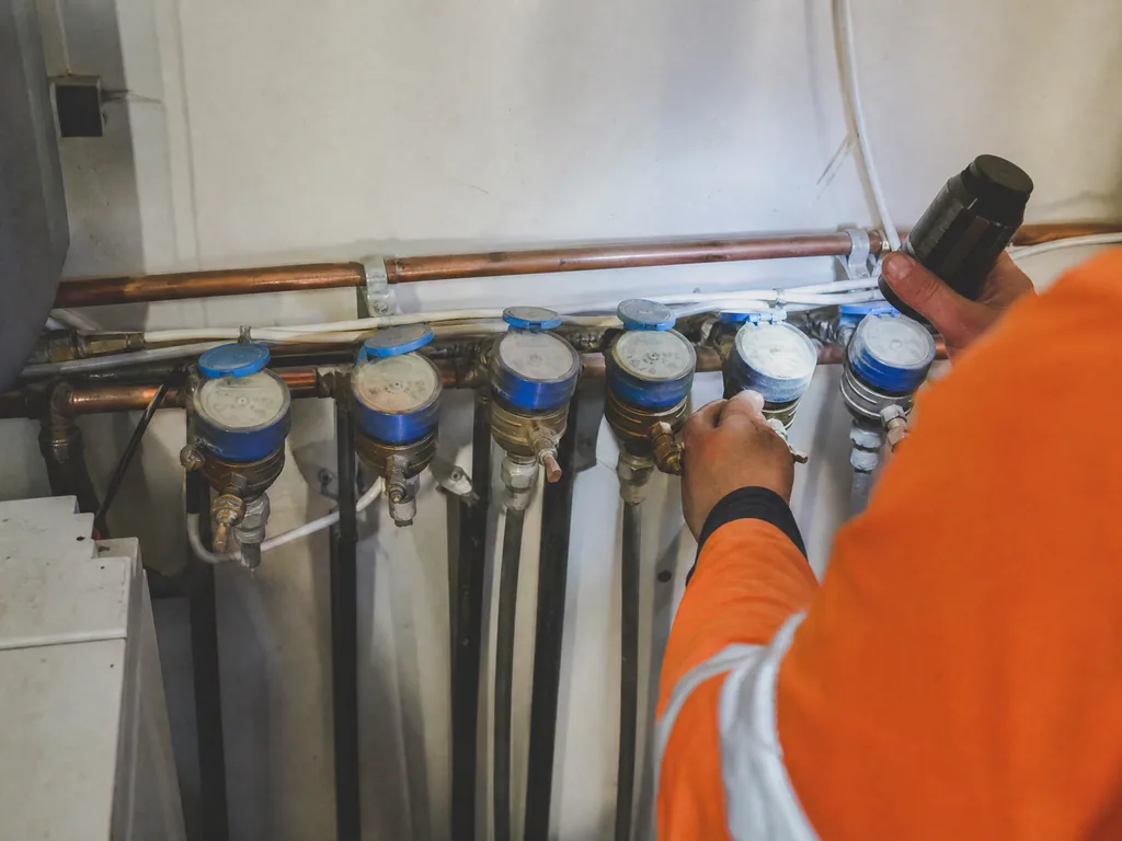 Row of water sub-meters in a plant room checked during commercial leak detection, Nottingham