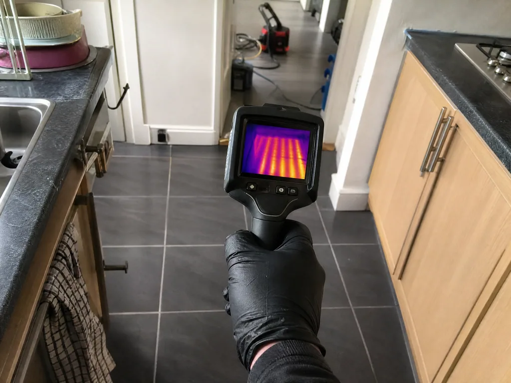 Thermal imaging camera used to trace a hidden leak under a kitchen floor, Nottingham