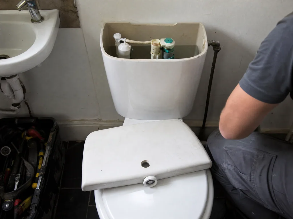 Open toilet cistern checked for an internal leak, Nottingham