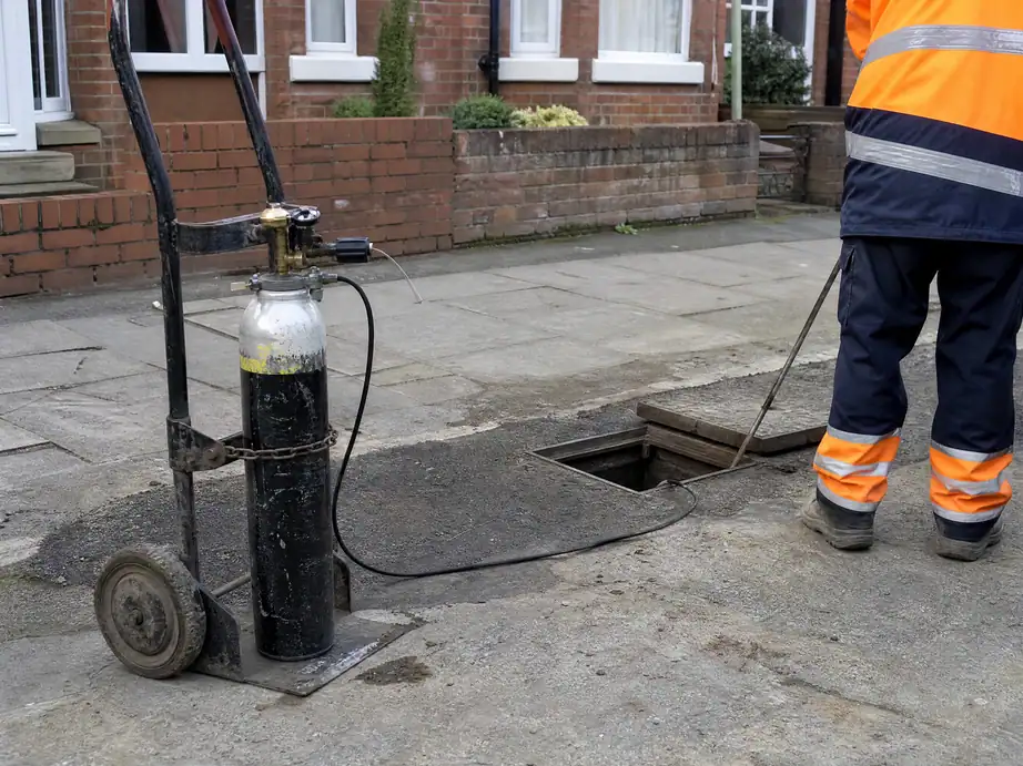 Tracer gas cylinder and regulator connected at a stop tap for underground leak detection, Nottingham