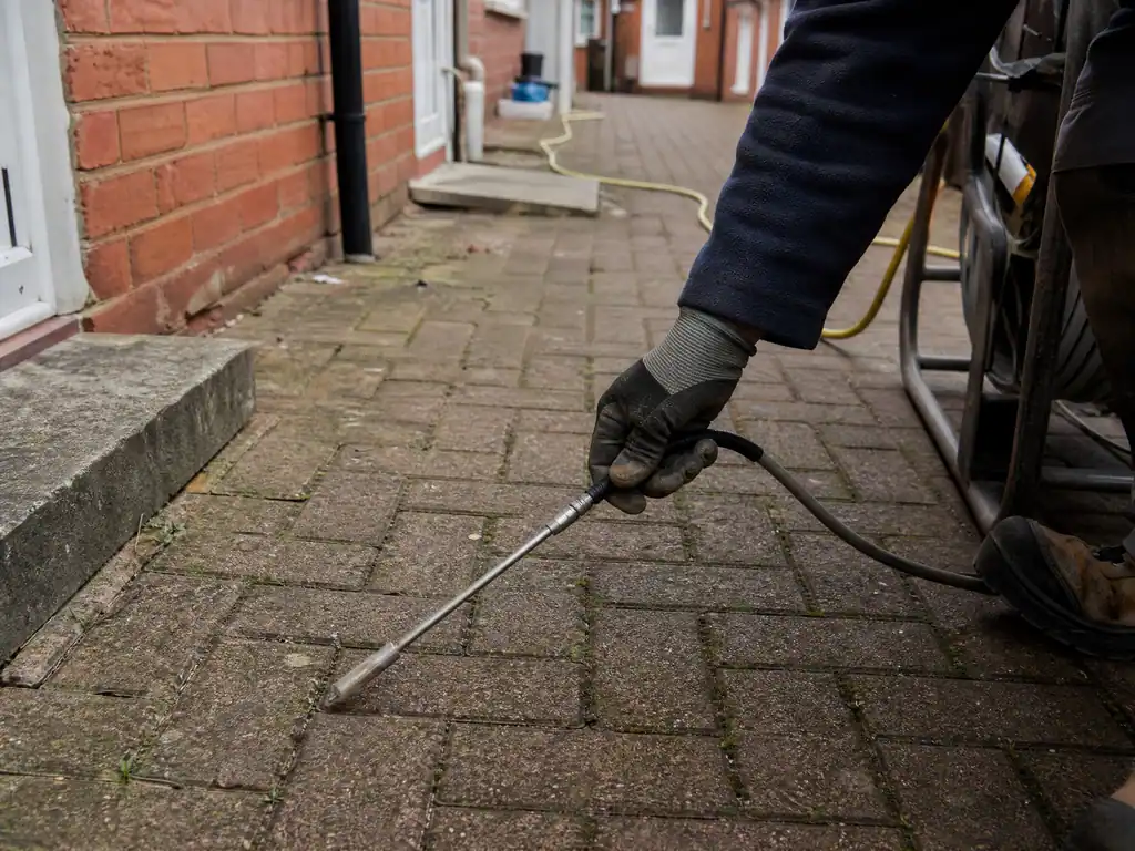 Tracer gas detector moved over block paving to find a leak under a driveway, Nottingham
