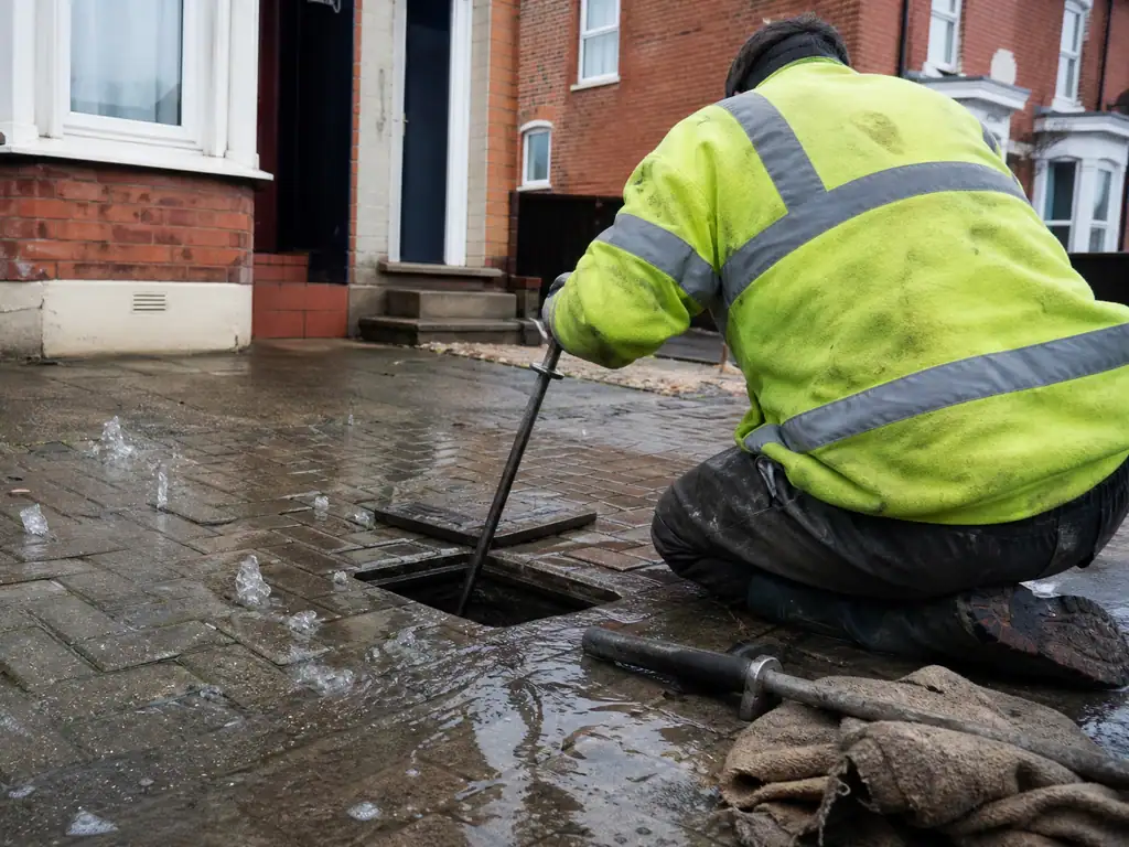 Water bubbling up through block paving outside a terraced house in Nottingham, with an engineer at the stop tap